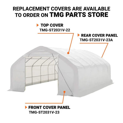20′ x 30′ Straight Wall Peak Ceiling Storage Shelter with Heavy Duty 17 oz PVC Cover & Drive Through Door, TMG-ST2031V (Previously ST2030V)