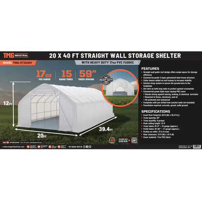 20′ x 40′ Straight Wall Peak Ceiling Storage Shelter with Heavy Duty 17 oz PVC Cover & Drive Through Door, TMG-ST2041V (Previously ST2040V)