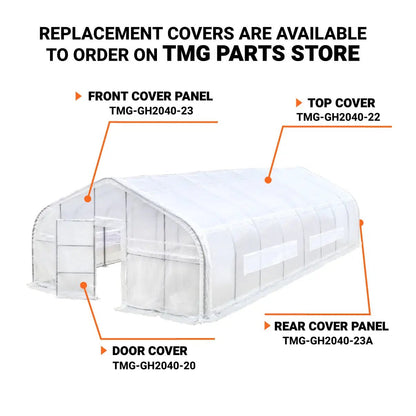 20’ x 40’ Tunnel Greenhouse Grow Tent w/12 Mil Ripstop Leno Mesh Cover, Cold Frame, Roll-up Windows, Peak Ceiling Roof, TMG-GH2040