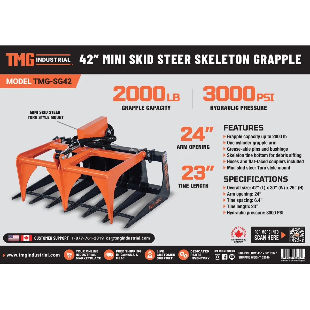 42″ Mini Skid Steer Skeleton Grapple Attachment, Toro Style Mount, 24″ Arm Opening, 2000 lb Weight Capacity, TMG-SG42