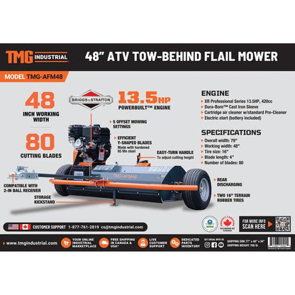 48″ ATV Tow-Behind Offset Flail Mower, Briggs & Stratton 13.5 HP Engine, Adjustable Mowing Height, 15″ Cut Capacity, TMG-AFM48