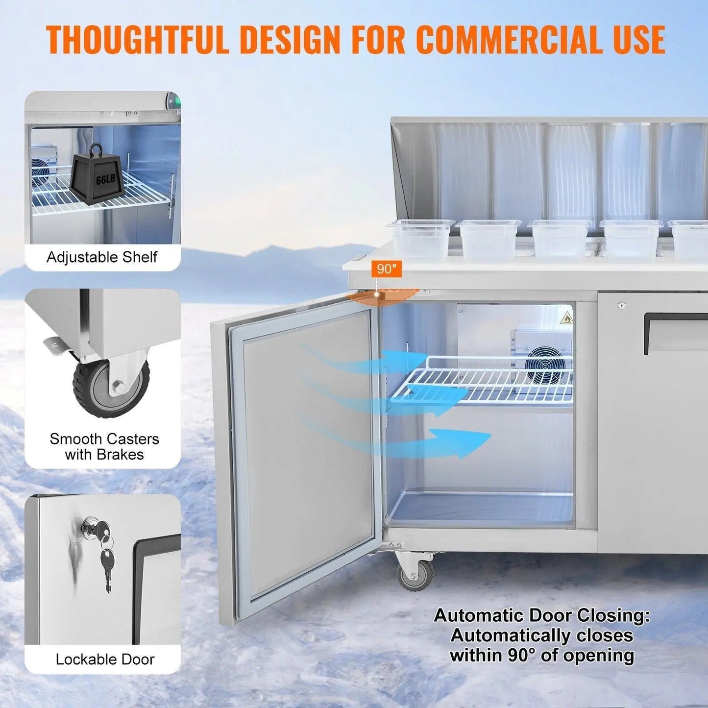 48-Inch  Commercial Sandwich Salad Prep Table with Dual Doors 12.9 Cu.ft Refrigerator, DOBA-FZPT13