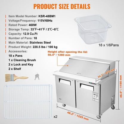 48-Inch  Commercial Sandwich Salad Prep Table with Dual Doors 12.9 Cu.ft Refrigerator, DOBA-FZPT13