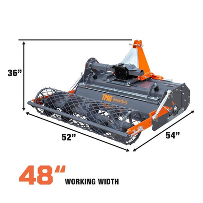 48″ Stone Burier Rotary Tiller, 3-Point Hitch, Category 1 Hookup, 25-50 HP Tractors, PTO Shaft Included, 2-1/2″ Stone Capacity, TMG-TSB48