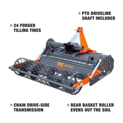 48″ Stone Burier Rotary Tiller, 3-Point Hitch, Category 1 Hookup, 25-50 HP Tractors, PTO Shaft Included, 2-1/2″ Stone Capacity, TMG-TSB48