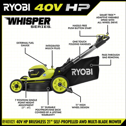 RYOBI 40v Hp brushless 21″ self-propelled AWD dual-blade mower kit