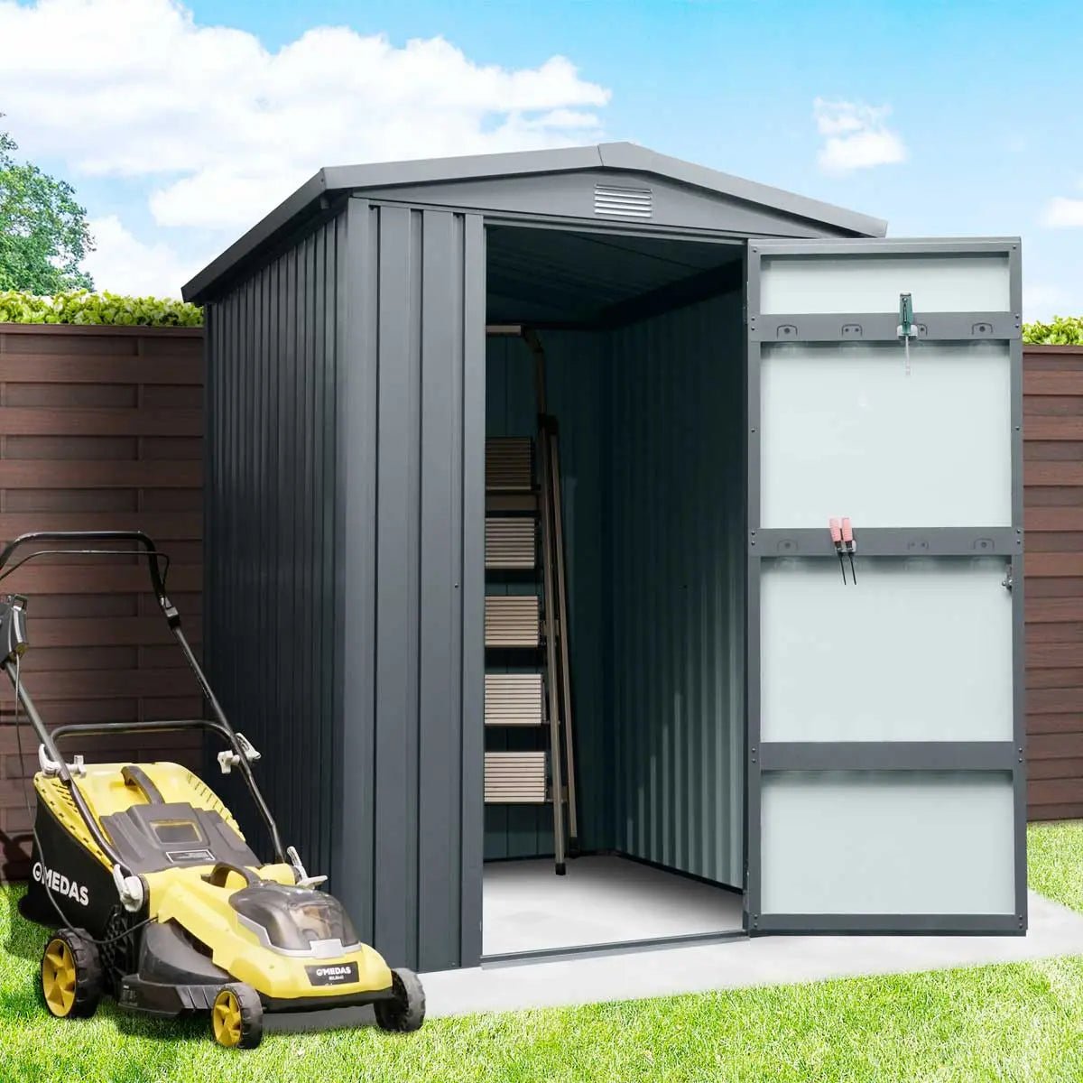 5 x 6 FT Apex Roof Metal Shed Pro Series, Galvanized corrugated metal, Apex roof design, Two air vents, TMG-MS0506