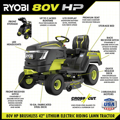 Brushless 80V Hp 46-Inch Cordless Lawn Tractor Battery Powered