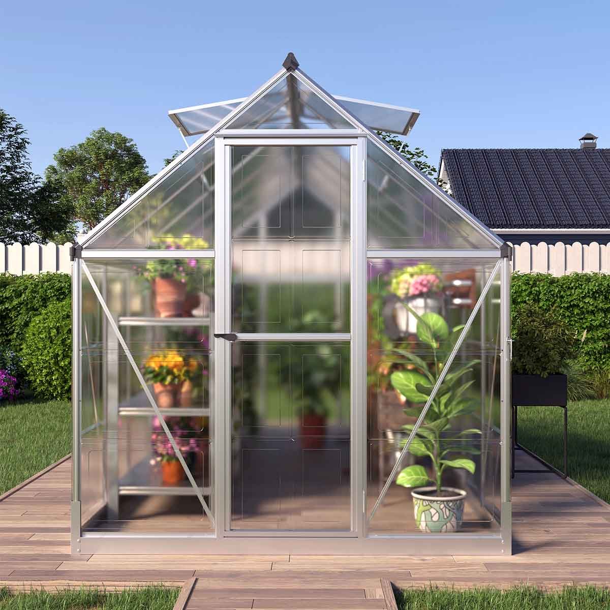 6’ x 12’ Crystal Clear Greenhouse, Aluminum Frame, Integrated Gutter System, Roof Vents, TMG-GH612