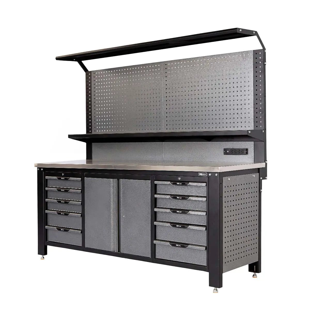 7’ Extreme Duty Steel Garage Workbench w/Pegboards, Adjustable Shelving, Power Outlets, USB Port, Magnetic Motion LED Lamps, TMG-WBC07