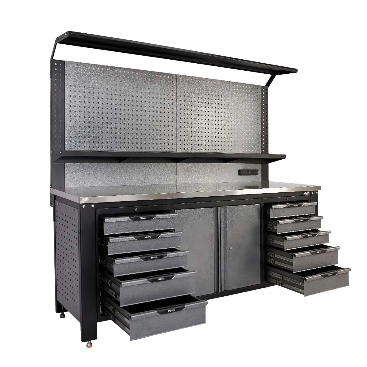 7’ Extreme Duty Steel Garage Workbench w/Pegboards, Adjustable Shelving, Power Outlets, USB Port, Magnetic Motion LED Lamps, TMG-WBC07