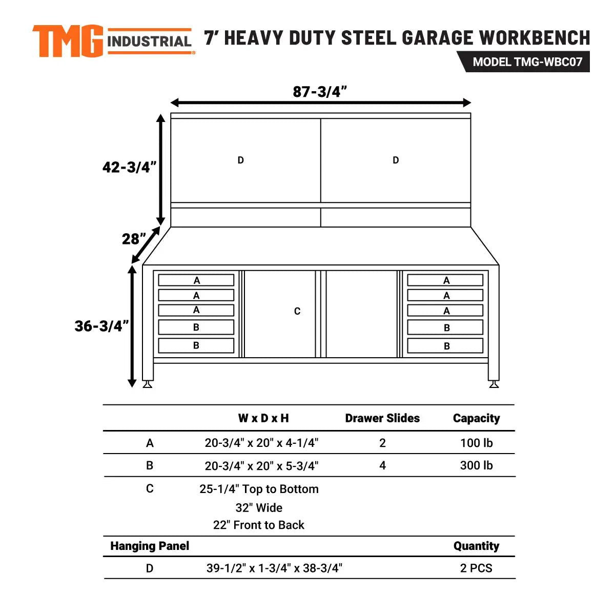 7’ Extreme Duty Steel Garage Workbench w/Pegboards, Adjustable Shelving, Power Outlets, USB Port, Magnetic Motion LED Lamps, TMG-WBC07