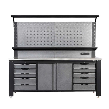 7’ Extreme Duty Steel Garage Workbench w/Pegboards, Adjustable Shelving, Power Outlets, USB Port, Magnetic Motion LED Lamps, TMG-WBC07