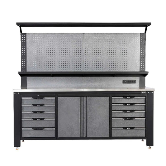 7’ Extreme Duty Steel Garage Workbench w/Pegboards, Adjustable Shelving, Power Outlets, USB Port, Magnetic Motion LED Lamps, TMG-WBC07