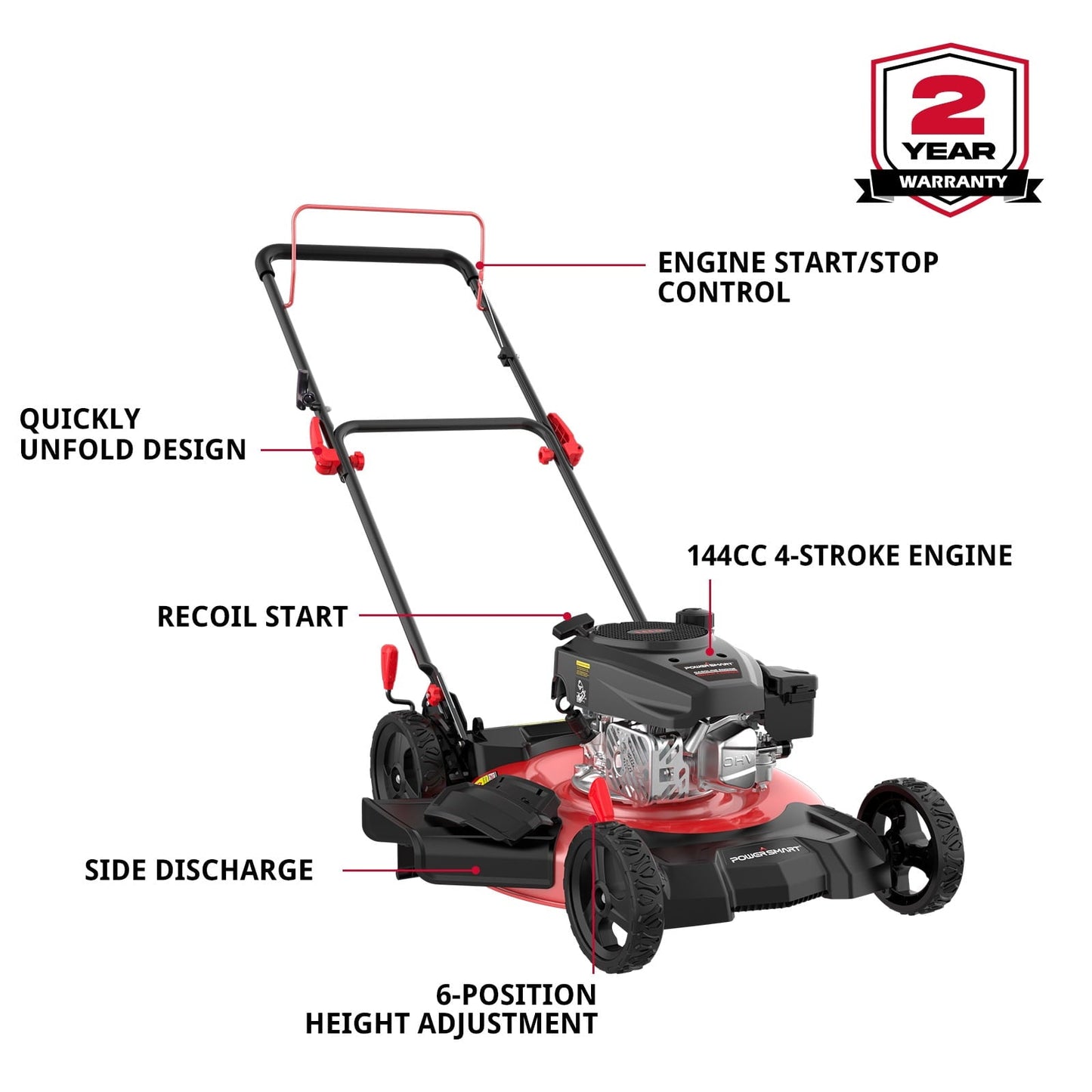 PowerSmart 21 in. Gas Push Lawn Mower, 144cc 2-in-1 Side Discharge