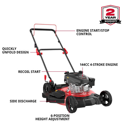 PowerSmart 21 in. Gas Push Lawn Mower, 144cc 2-in-1 Side Discharge
