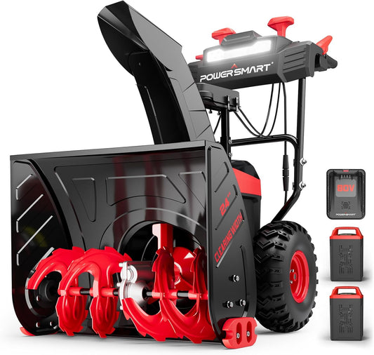 PowerSmart HB2805B 80V 24-Inch Self-Propelled 2-Stage Cordless Snow Blower with (2) 6.0Ah Batteries & Charger