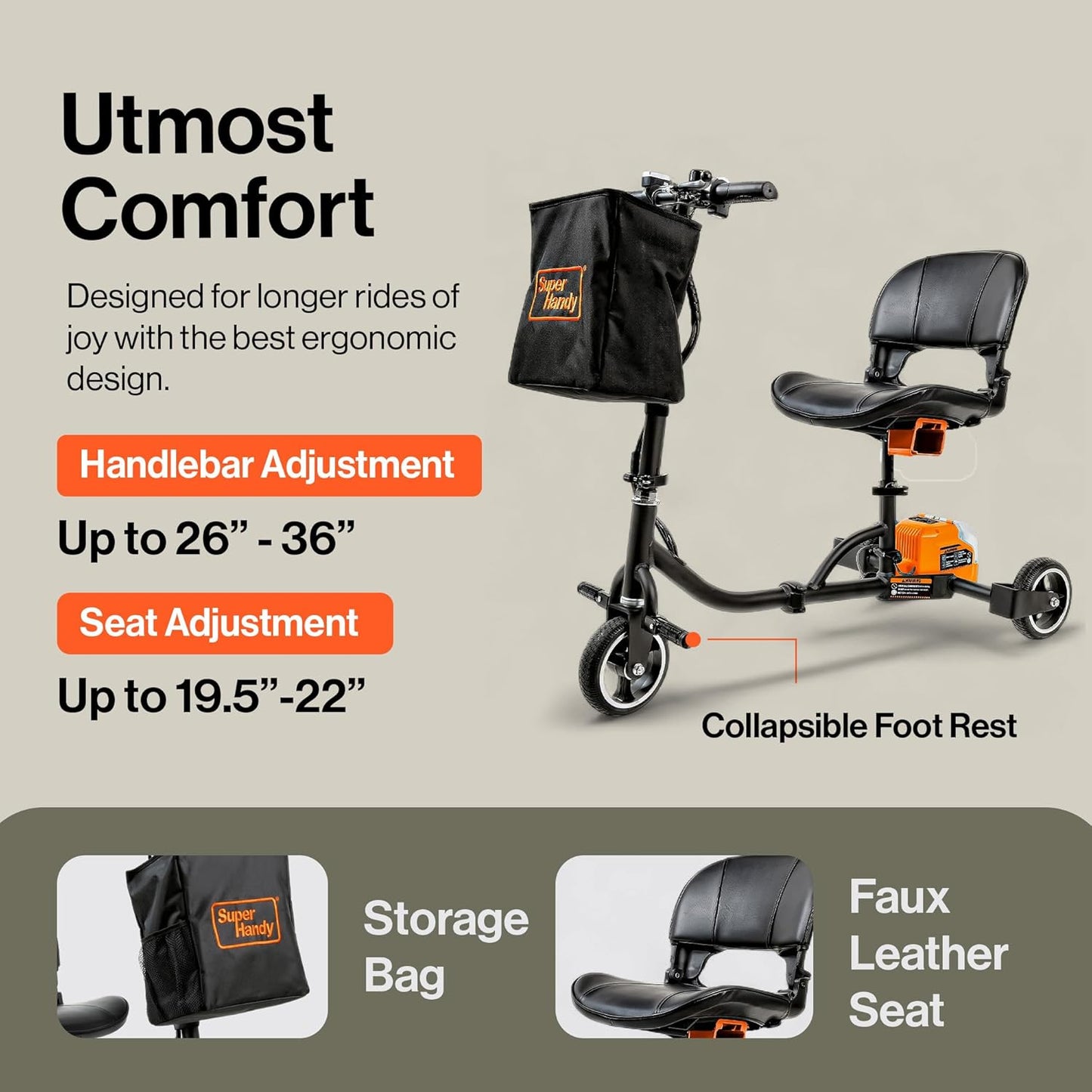 SuperHandy Foldable 3-Wheel Mobility Scooter for Adults, 13-Mile Range, Travel Friendly