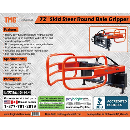 72″ Skid Steer Hydraulic Round Bale Gripper/Squeeze, 2500 lb Capacity, 35″ Depth, Dual Kickstands, Tubular Arms, Universal Quick-Mount, TMG-SBG72