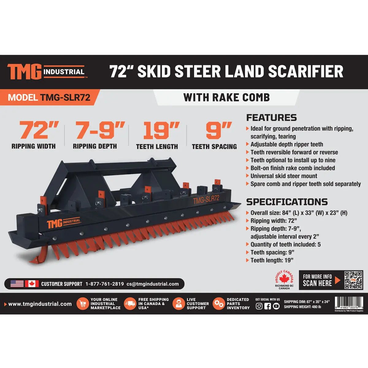 72″ Skid Steer Land Ripper w/Rake Comb, Scarifier, Dethatcher, Forward & Reverse, Depth Adjustable Ripping Teeth, TMG-SLR72