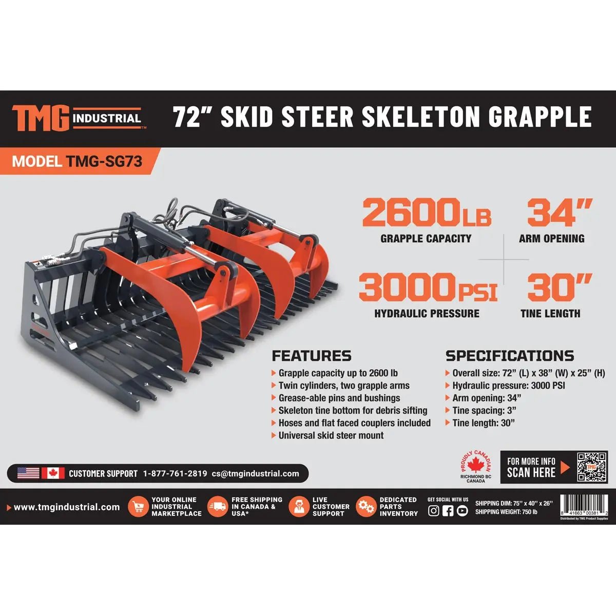 72″ Skid Steer Skeleton Grapple Attachment, Universal Mount, 34″ Arm Opening, 3″ Tine Spacing, 2600 lb Weight Capacity, TMG-SG73