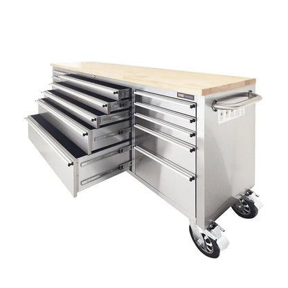 72″ Stainless Steel Rolling Workbench, Rubberwood Tabletop, 15 Lockable Drawers, Locking Wheels, TMG-WB7215S