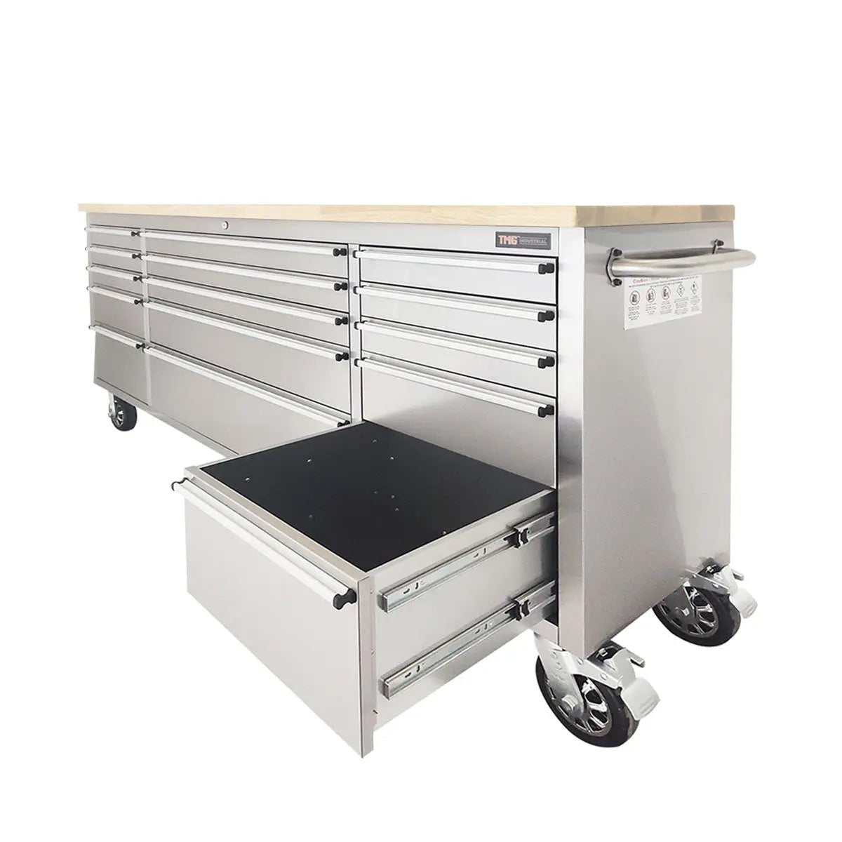 72″ Stainless Steel Rolling Workbench, Rubberwood Tabletop, 15 Lockable Drawers, Locking Wheels, TMG-WB7215S