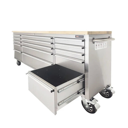 72″ Stainless Steel Rolling Workbench, Rubberwood Tabletop, 15 Lockable Drawers, Locking Wheels, TMG-WB7215S