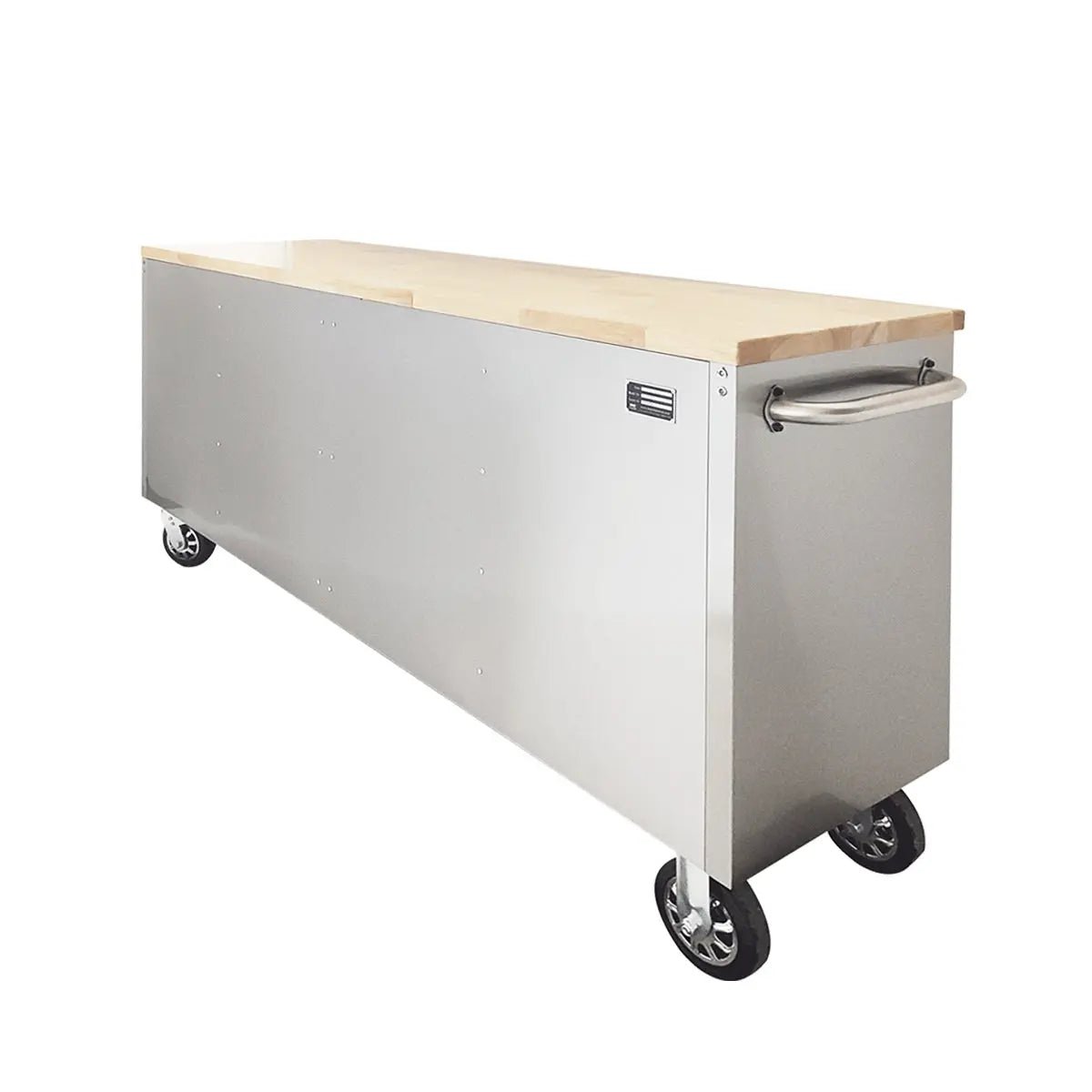 72″ Stainless Steel Rolling Workbench, Rubberwood Tabletop, 15 Lockable Drawers, Locking Wheels, TMG-WB7215S