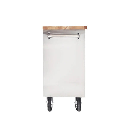 72″ Stainless Steel Rolling Workbench, Rubberwood Tabletop, 15 Lockable Drawers, Locking Wheels, TMG-WB7215S