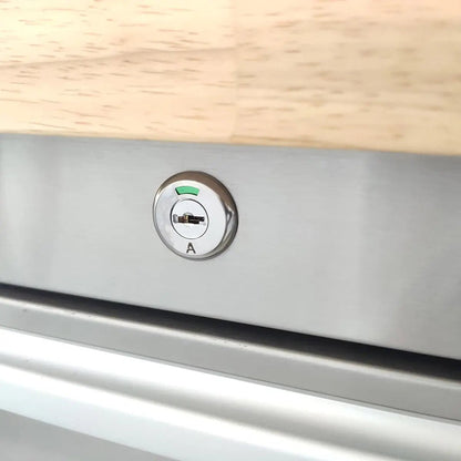 72″ Stainless Steel Rolling Workbench, Rubberwood Tabletop, 15 Lockable Drawers, Locking Wheels, TMG-WB7215S