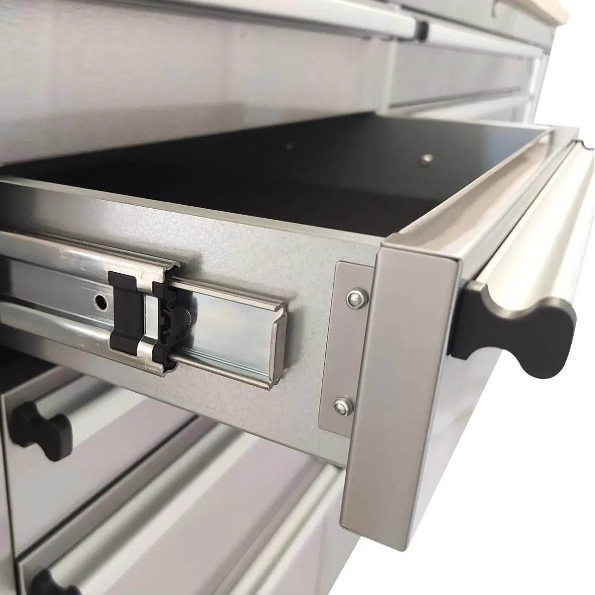 72″ Stainless Steel Rolling Workbench, Rubberwood Tabletop, 15 Lockable Drawers, Locking Wheels, TMG-WB7215S