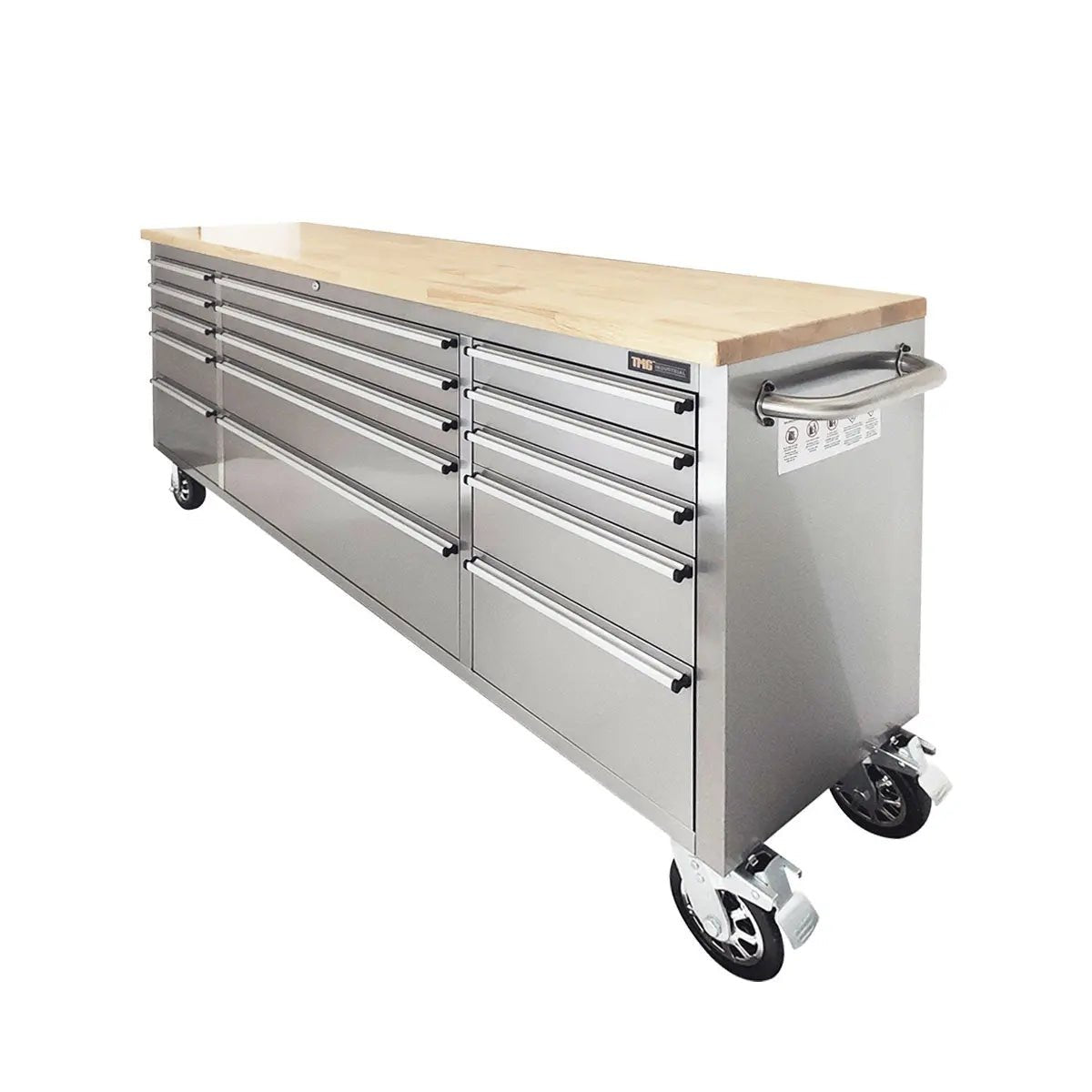 72″ Stainless Steel Rolling Workbench, Rubberwood Tabletop, 15 Lockable Drawers, Locking Wheels, TMG-WB7215S