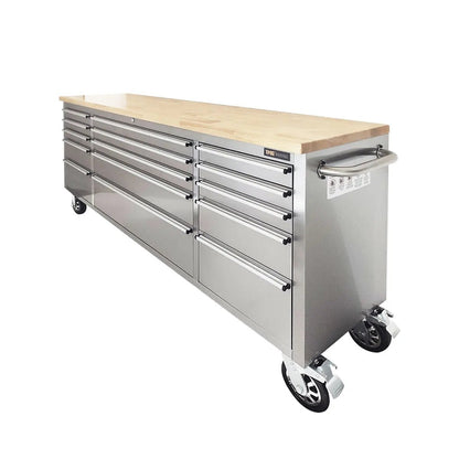72″ Stainless Steel Rolling Workbench, Rubberwood Tabletop, 15 Lockable Drawers, Locking Wheels, TMG-WB7215S