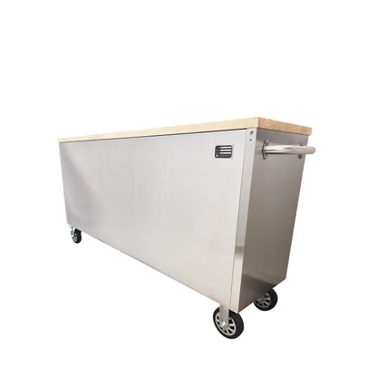 72″ Stainless Steel Rolling Workbench, Rubberwood Tabletop, Lockable Drawers and Cabinet, Locking Wheels, TMG-WB7210S