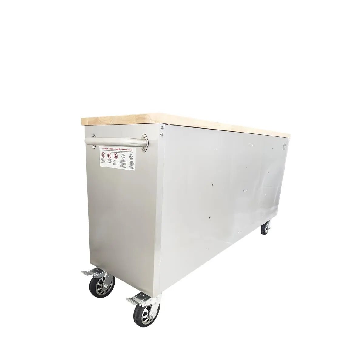 72″ Stainless Steel Rolling Workbench, Rubberwood Tabletop, Lockable Drawers and Cabinet, Locking Wheels, TMG-WB7210S