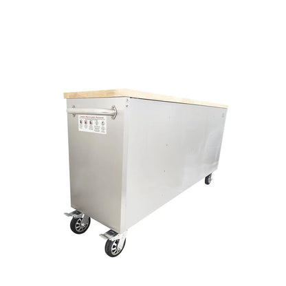 72″ Stainless Steel Rolling Workbench, Rubberwood Tabletop, Lockable Drawers and Cabinet, Locking Wheels, TMG-WB7210S