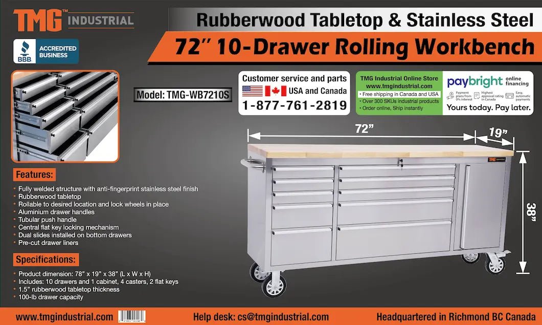 72″ Stainless Steel Rolling Workbench, Rubberwood Tabletop, Lockable Drawers and Cabinet, Locking Wheels, TMG-WB7210S