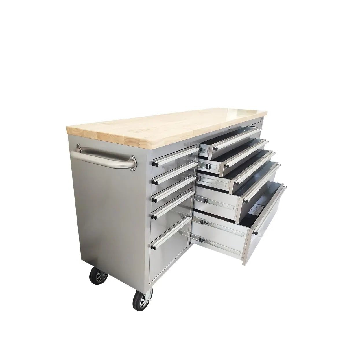 72″ Stainless Steel Rolling Workbench, Rubberwood Tabletop, Lockable Drawers and Cabinet, Locking Wheels, TMG-WB7210S