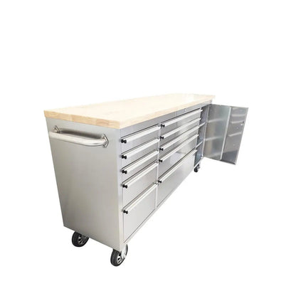 72″ Stainless Steel Rolling Workbench, Rubberwood Tabletop, Lockable Drawers and Cabinet, Locking Wheels, TMG-WB7210S