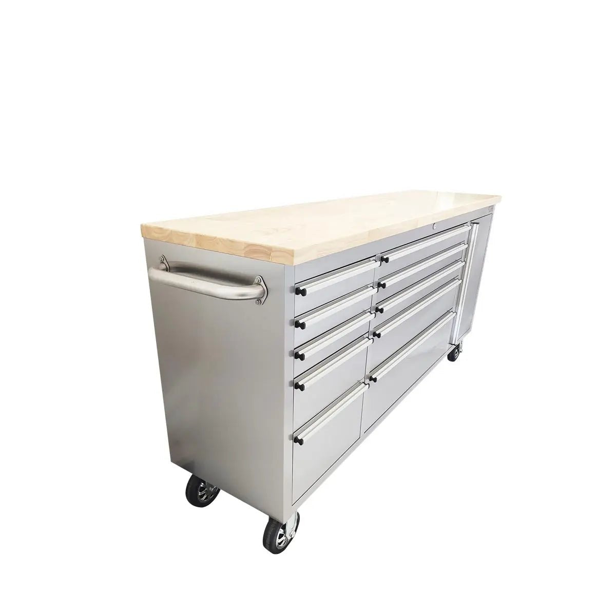 72″ Stainless Steel Rolling Workbench, Rubberwood Tabletop, Lockable Drawers and Cabinet, Locking Wheels, TMG-WB7210S