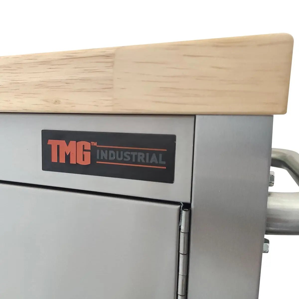 72″ Stainless Steel Rolling Workbench, Rubberwood Tabletop, Lockable Drawers and Cabinet, Locking Wheels, TMG-WB7210S