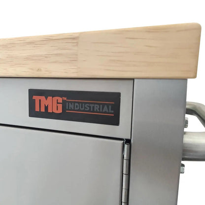 72″ Stainless Steel Rolling Workbench, Rubberwood Tabletop, Lockable Drawers and Cabinet, Locking Wheels, TMG-WB7210S