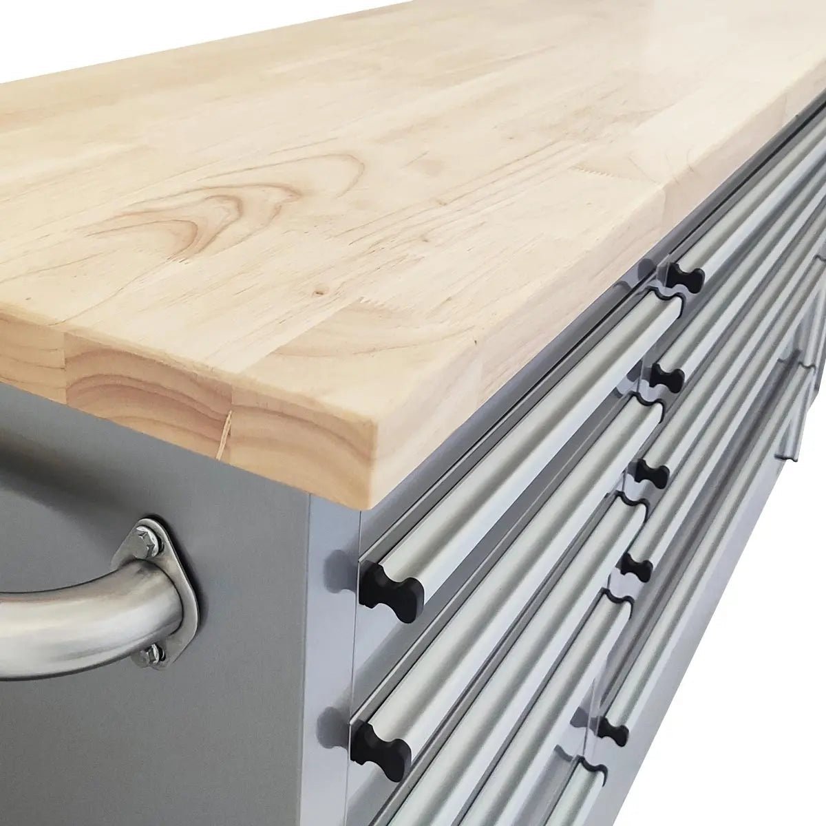 72″ Stainless Steel Rolling Workbench, Rubberwood Tabletop, Lockable Drawers and Cabinet, Locking Wheels, TMG-WB7210S