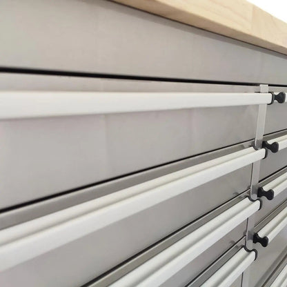 72″ Stainless Steel Rolling Workbench, Rubberwood Tabletop, Lockable Drawers and Cabinet, Locking Wheels, TMG-WB7210S