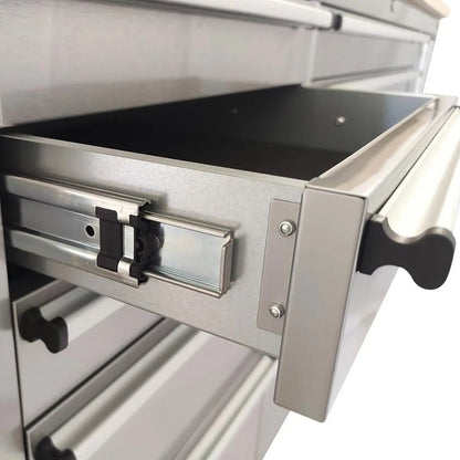 72″ Stainless Steel Rolling Workbench, Rubberwood Tabletop, Lockable Drawers and Cabinet, Locking Wheels, TMG-WB7210S