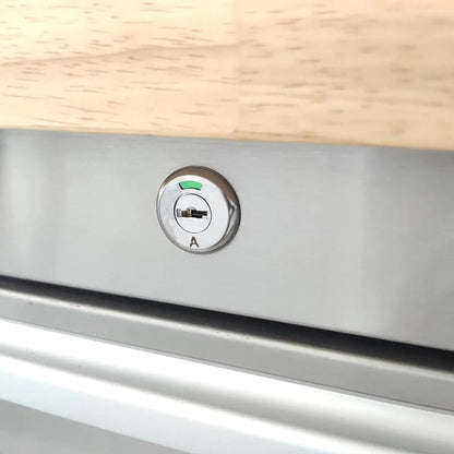 72″ Stainless Steel Rolling Workbench, Rubberwood Tabletop, Lockable Drawers and Cabinet, Locking Wheels, TMG-WB7210S