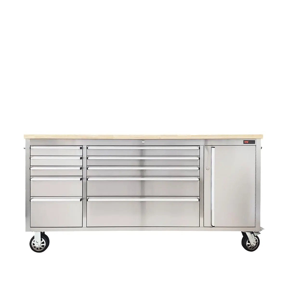 72″ Stainless Steel Rolling Workbench, Rubberwood Tabletop, Lockable Drawers and Cabinet, Locking Wheels, TMG-WB7210S