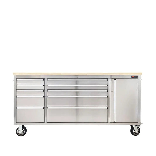 72″ Stainless Steel Rolling Workbench, Rubberwood Tabletop, Lockable Drawers and Cabinet, Locking Wheels, TMG-WB7210S