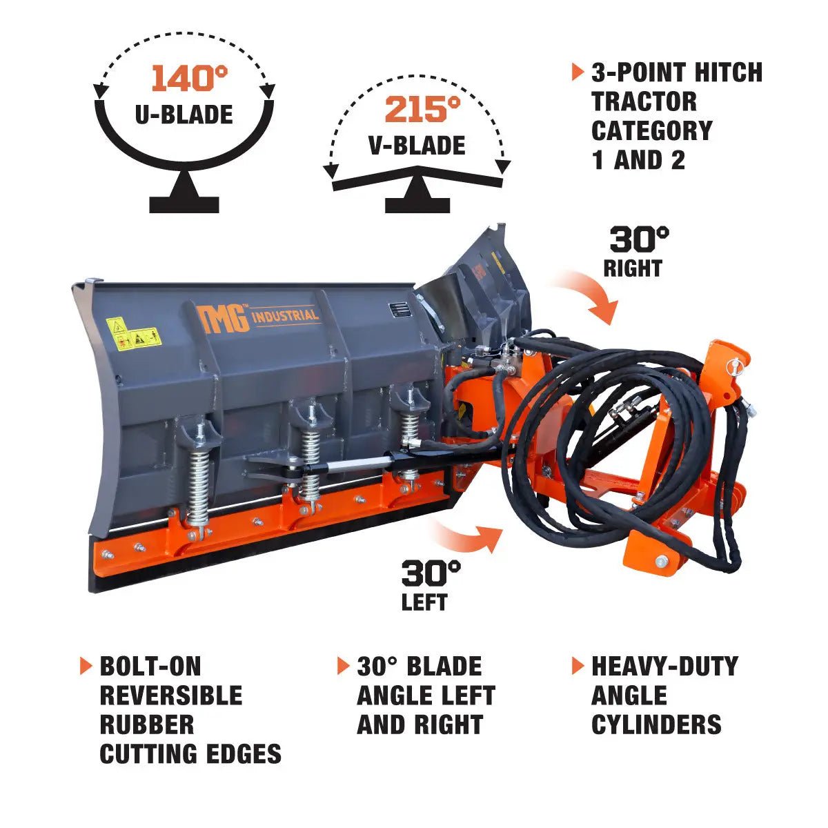 8-½’ U/V Angle Blade Snowplow, Reversible Rubber Edges, 6 Positions, Category 1 & 2 Hookups, 3-Point Hitch, 40-90 HP Tractors, TMG-SP08